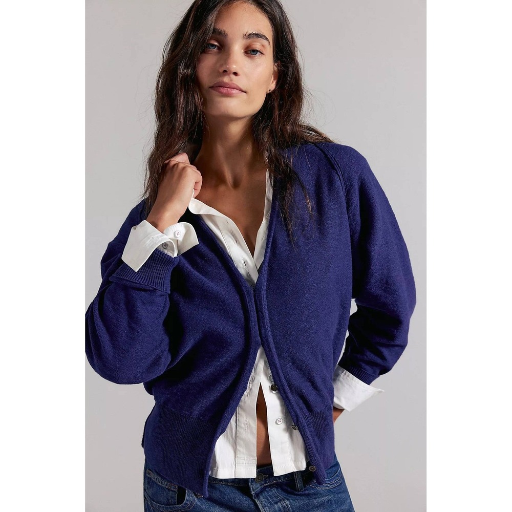 Free People Patriot Blue Kait Cardigan Sweater Size Large Lightweight NWT Knit